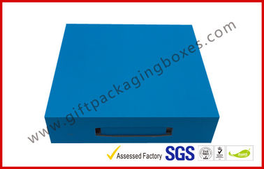 Sky Blue Print Rigid Board Packaging Boxes , Chocolate damask inner with Plastic handle